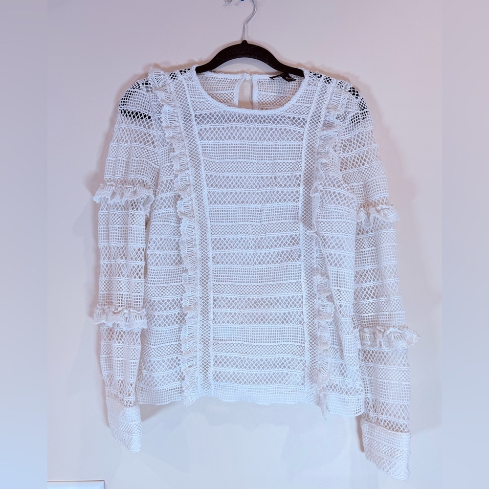 🔥AQUA Women’s White Lace Crochet Long Sleeve Top Size M EC🔥